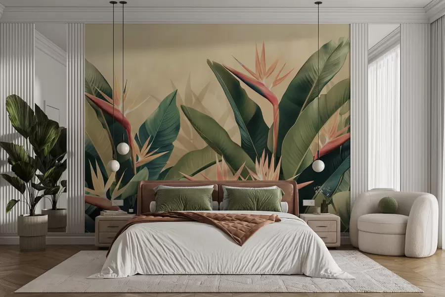 Papier peint photo Arrangement luxuriant de fleurs tropicales entouré de grandes feuilles vert foncé w01484v1