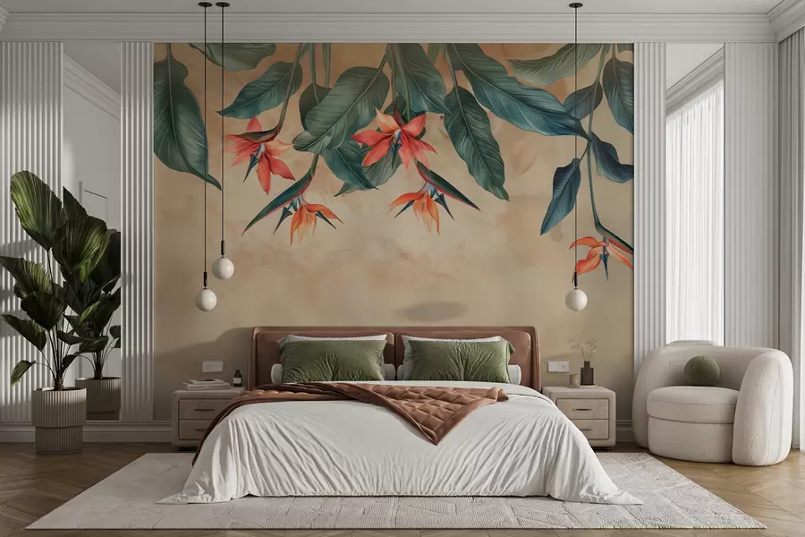 Fotobehang Tropische bloei op beige aquarelachtergrond w01485