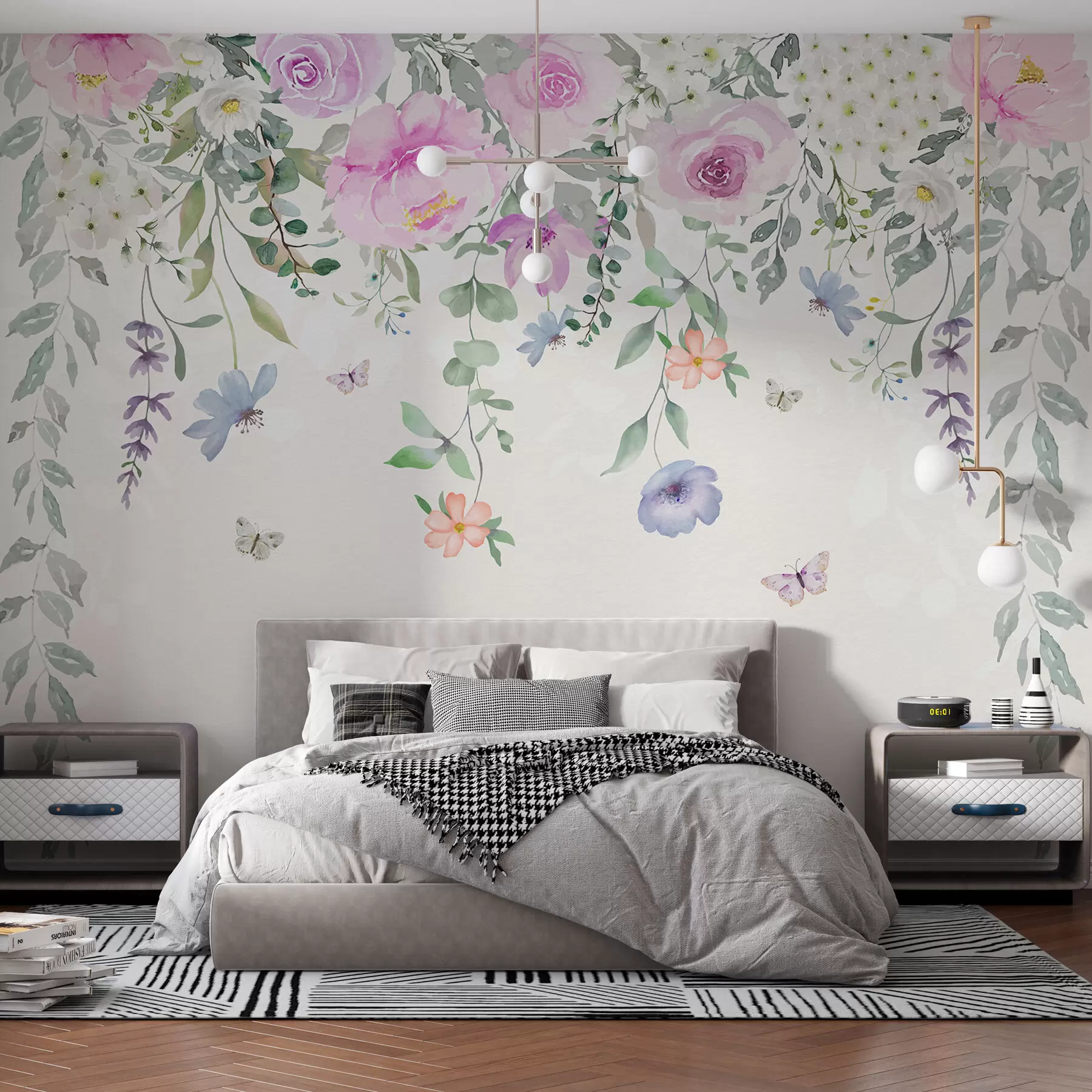 Fotobehang Hangende bloemen en vlinders w01516