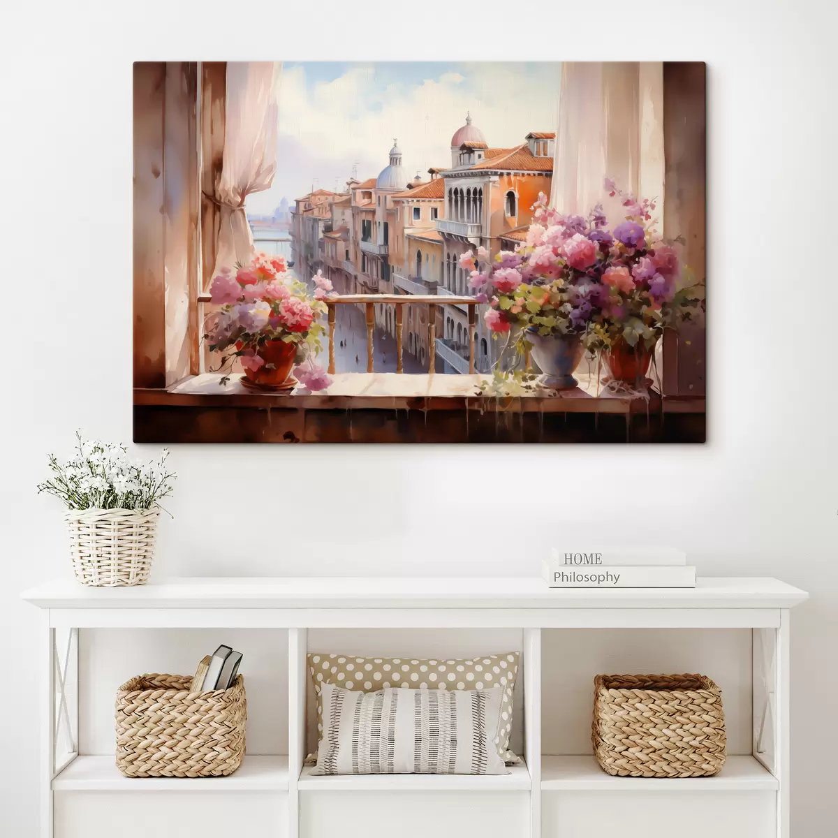  Peintures Fleurs dans des vases avec vue sur la baie de Venise aquarelle s40677