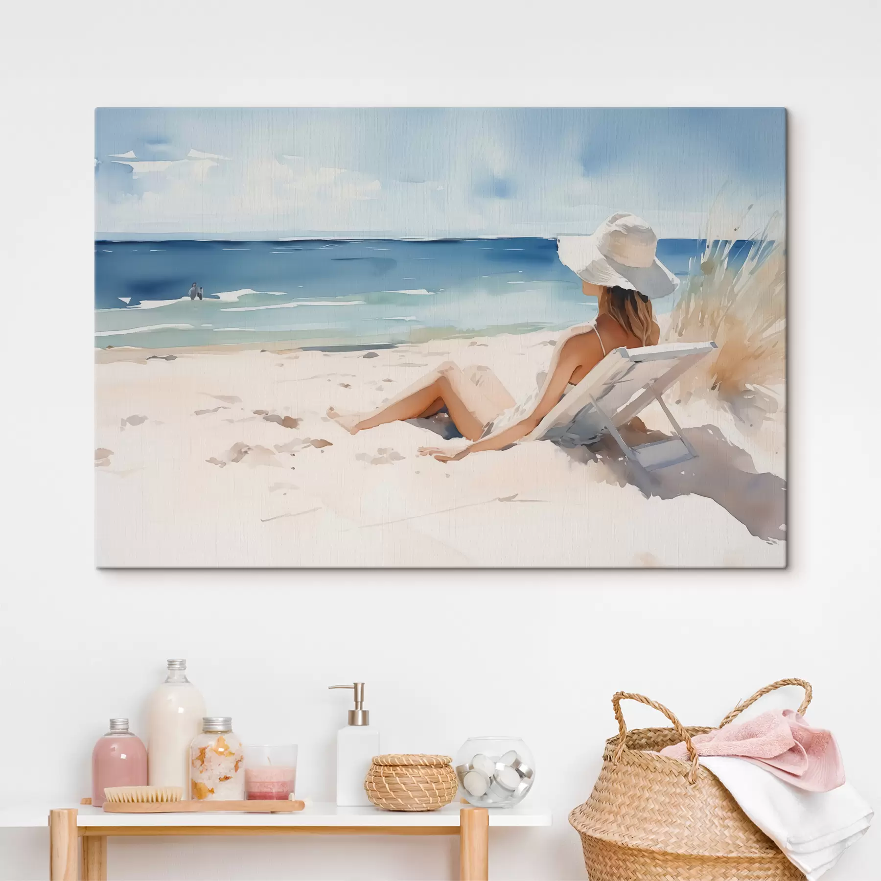  Schilderijen Meisje ontspannend op het strand bij de zee aquarel s40679
