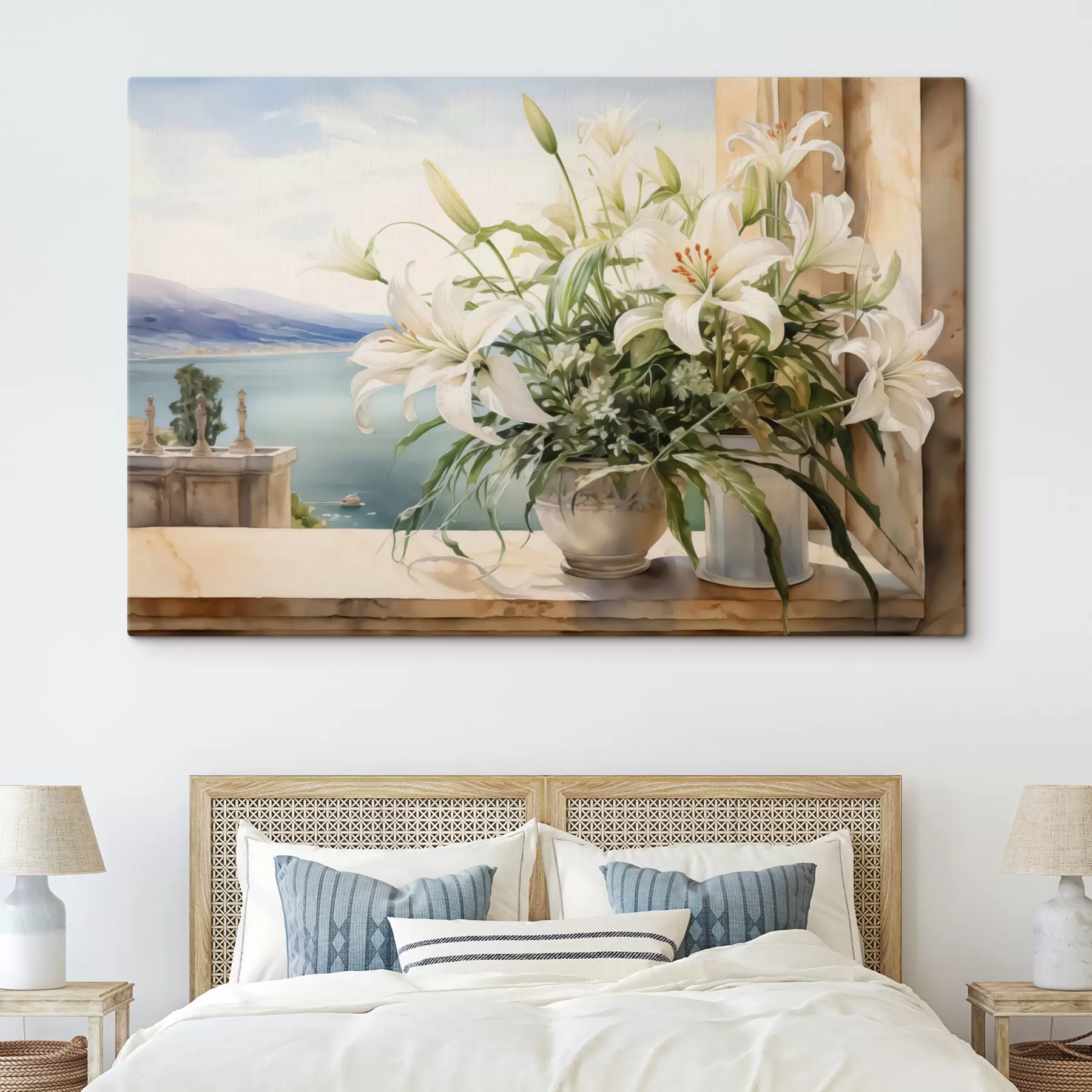  Peintures Lys blancs dans un vase sur un balcon avec vue sur la mer et les montagnes aquarelle s40682