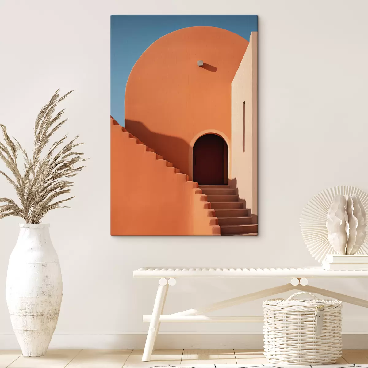  Schilderijen Minimalistisch architecturaal gebouw met stappen, blauwe, oranje kleur s40724