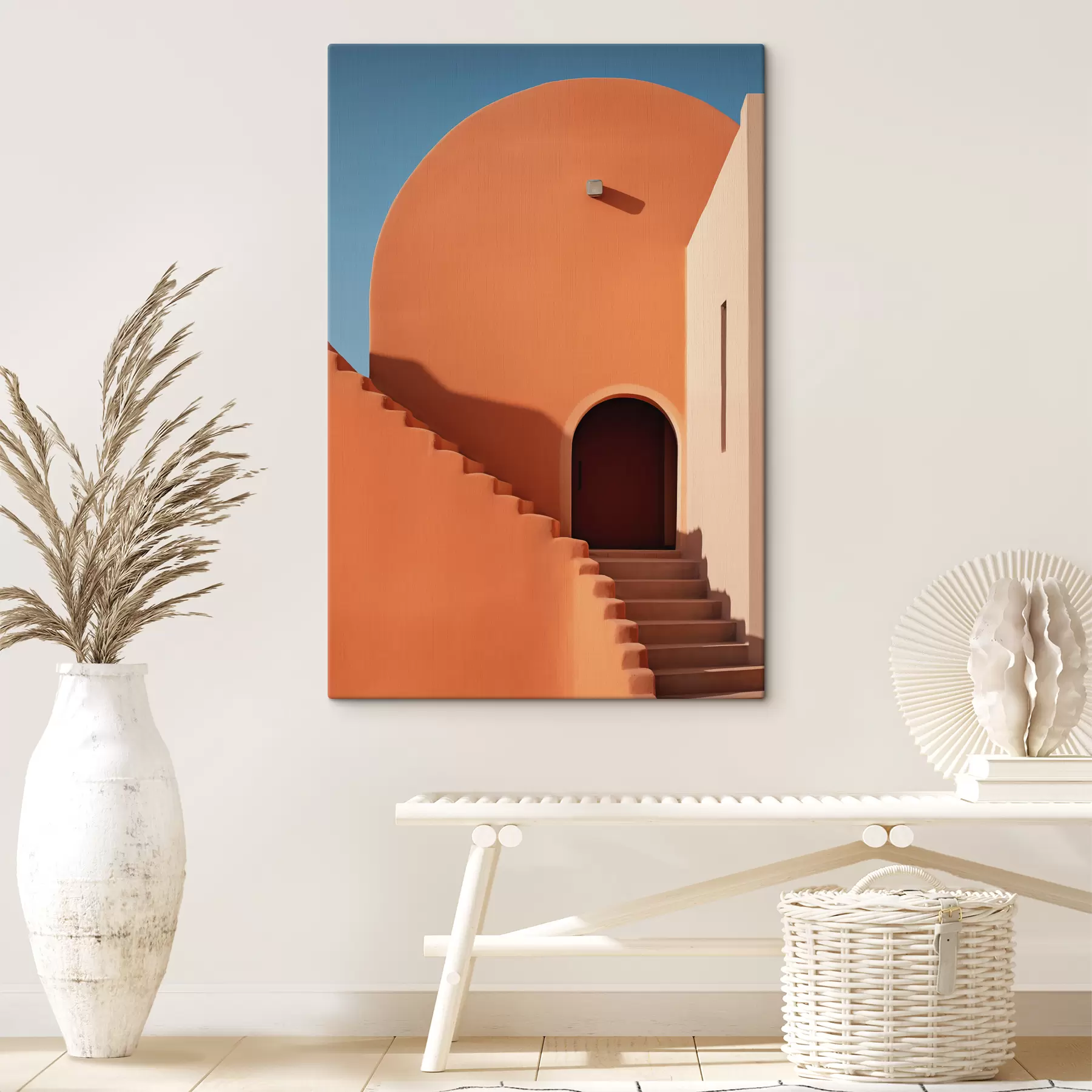 Fotobehang Minimalistisch architecturaal gebouw met stappen, blauwe, oranje kleur s40724