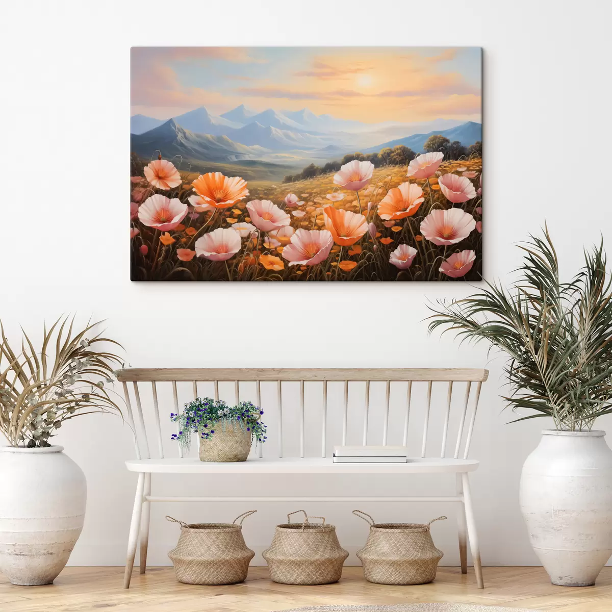  Peintures Champ de coquelicots à l'aube avec les montagnes en arrière-plan s40730