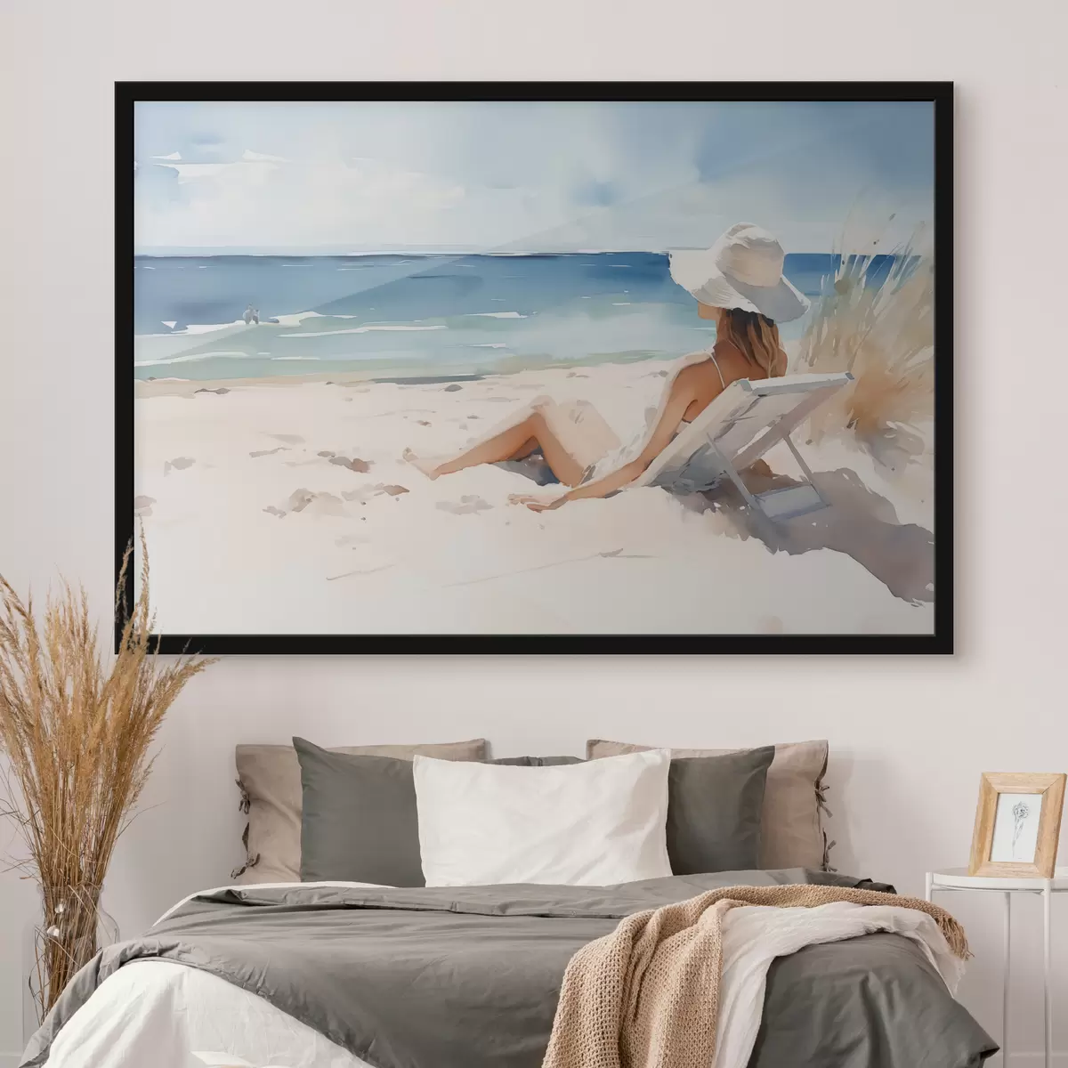 Poster Meisje ontspannend op het strand bij de zee aquarel f40679