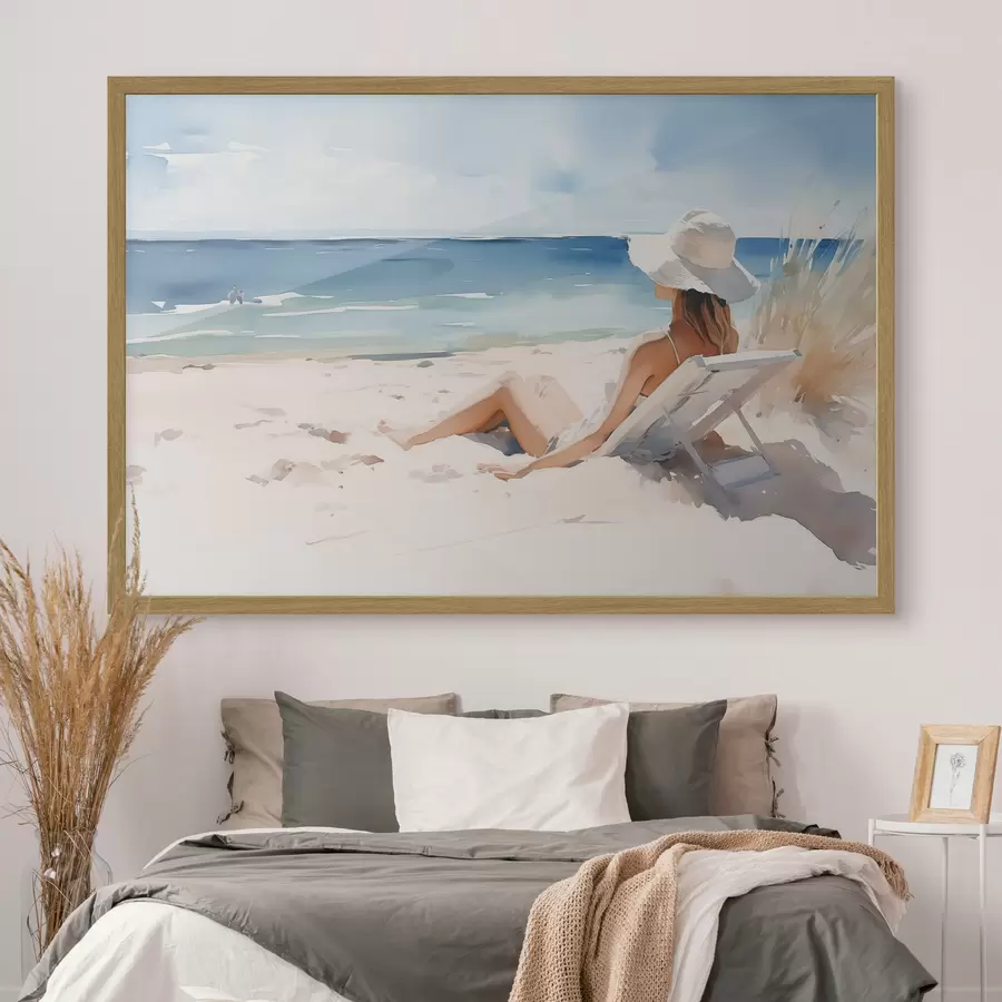 Fotobehang Meisje ontspannend op het strand bij de zee aquarel f40679