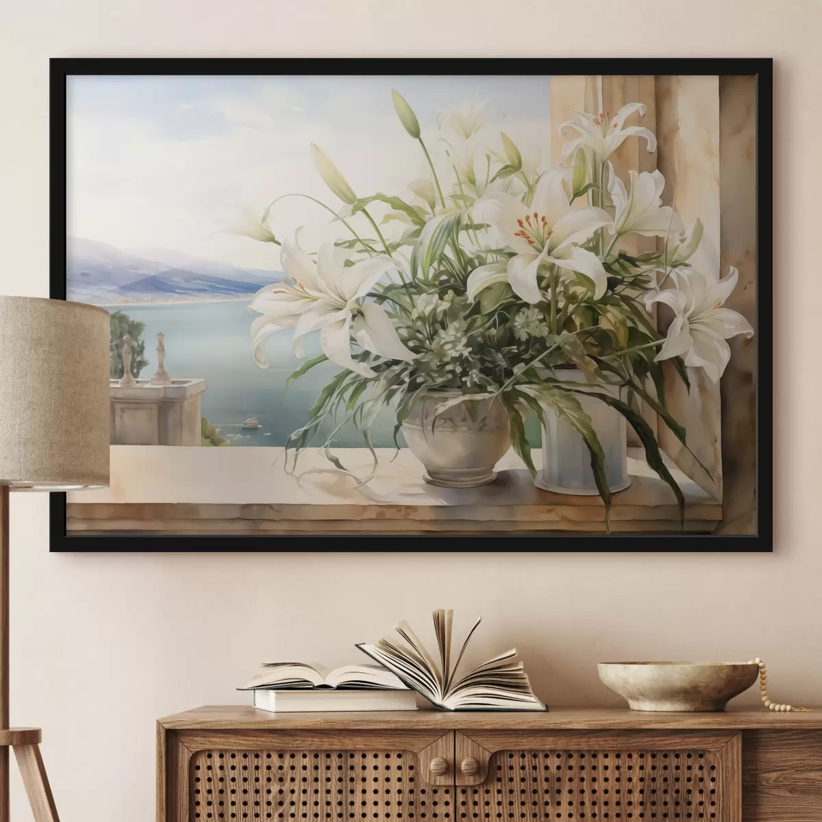 Affiche Lys blancs dans un vase sur un balcon avec vue sur la mer et les montagnes aquarelle f40682