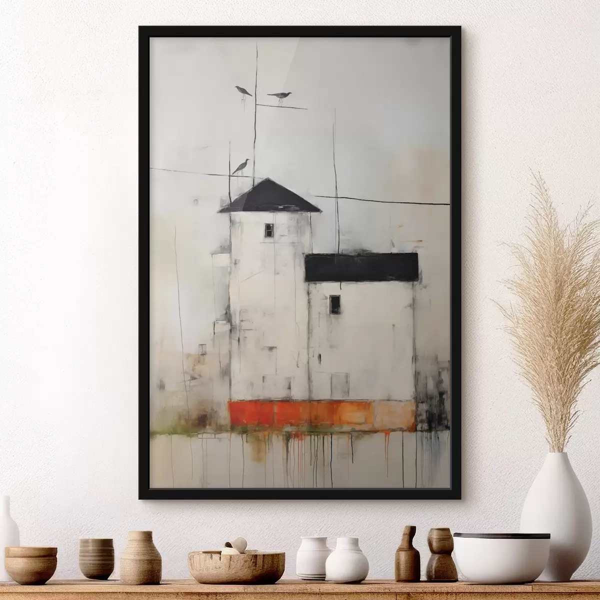 Poster Witte huizen met zwarte daken beschilderd met textuur van krassen en schaafplekken van vuil f40685