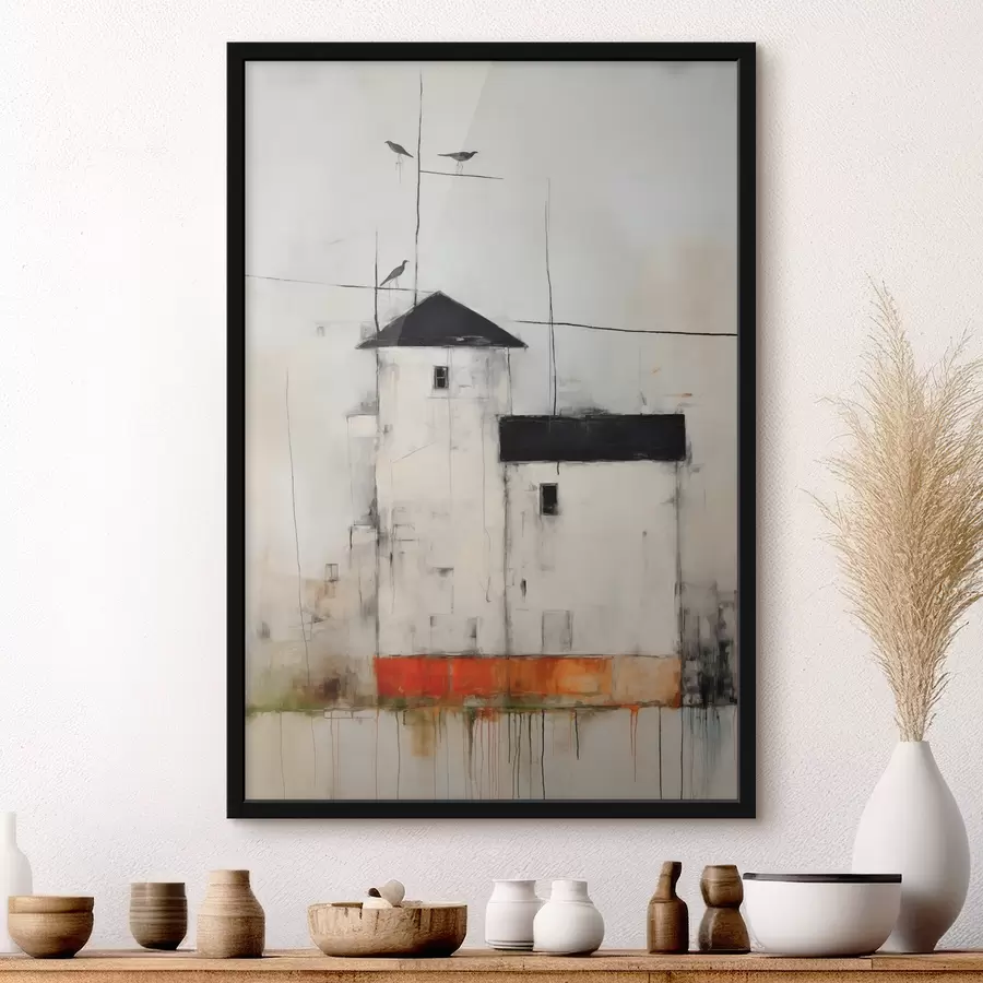 Fotobehang Witte huizen met zwarte daken beschilderd met textuur van krassen en schaafplekken van vuil f40685