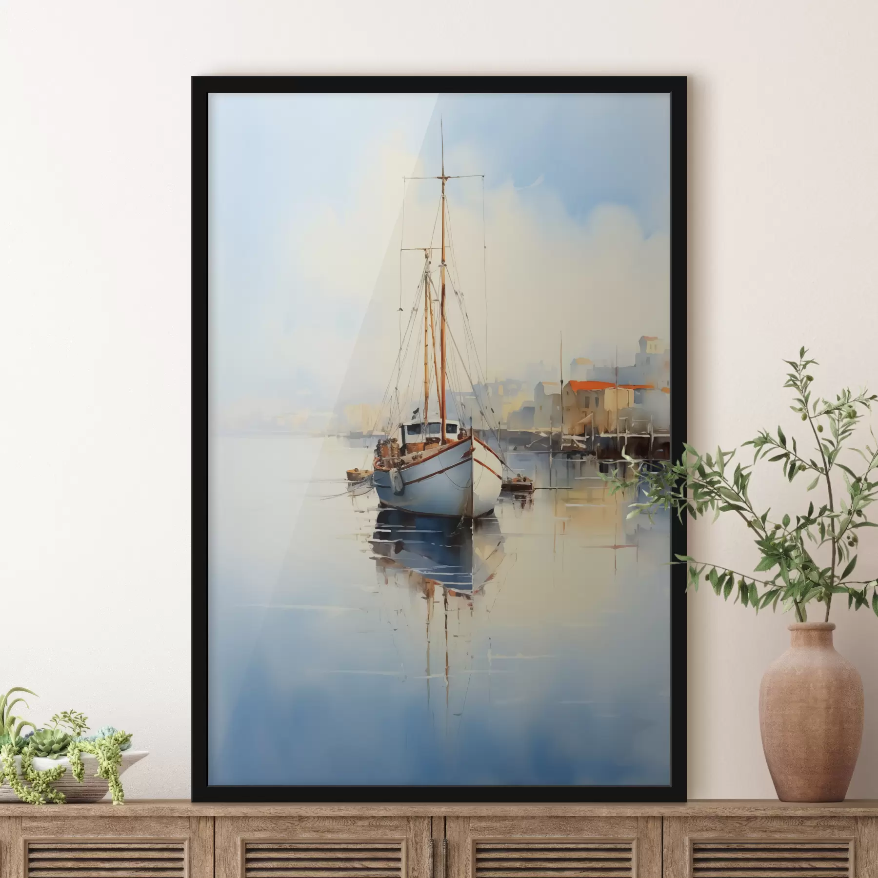 Fotobehang Vissersboot bij de pier op zee nat aquarel f40688