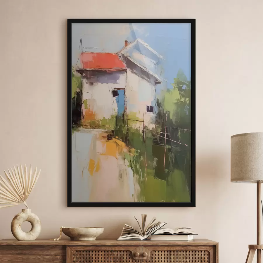 Fotobehang Abstract landschapshuis door de tuin, rode, blauwe, groene, gele kleur f40689