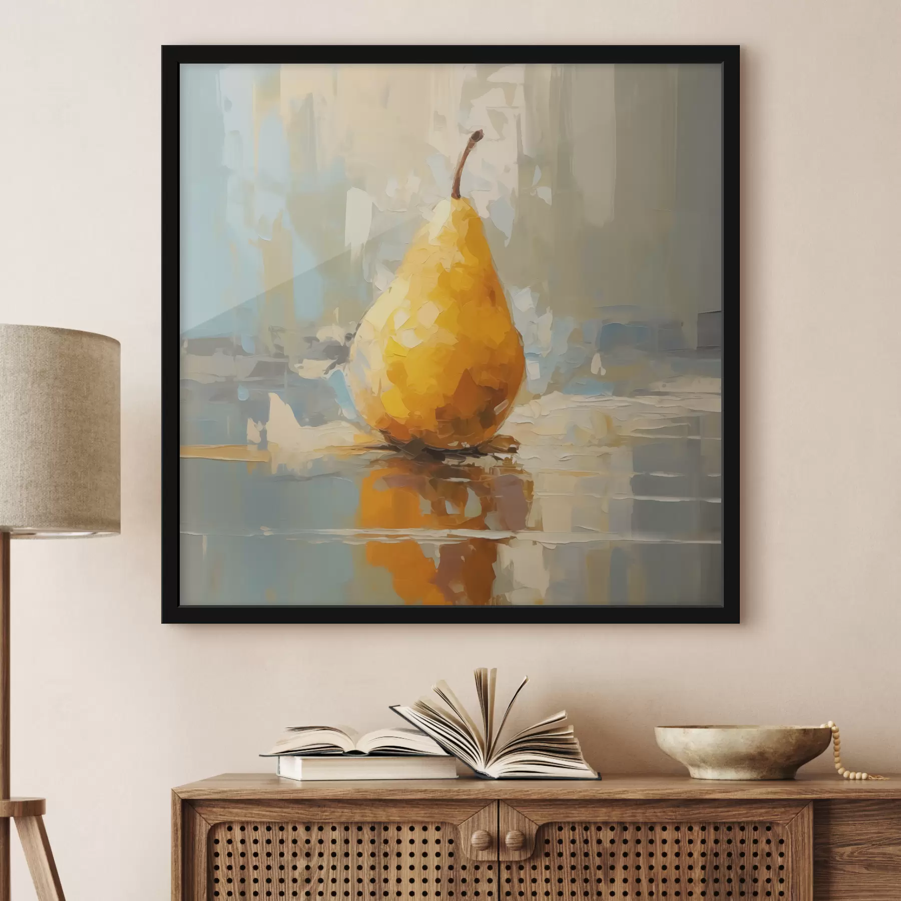 Papier peint photo Poire sur fond pastel, jaune, orange, gris f40690