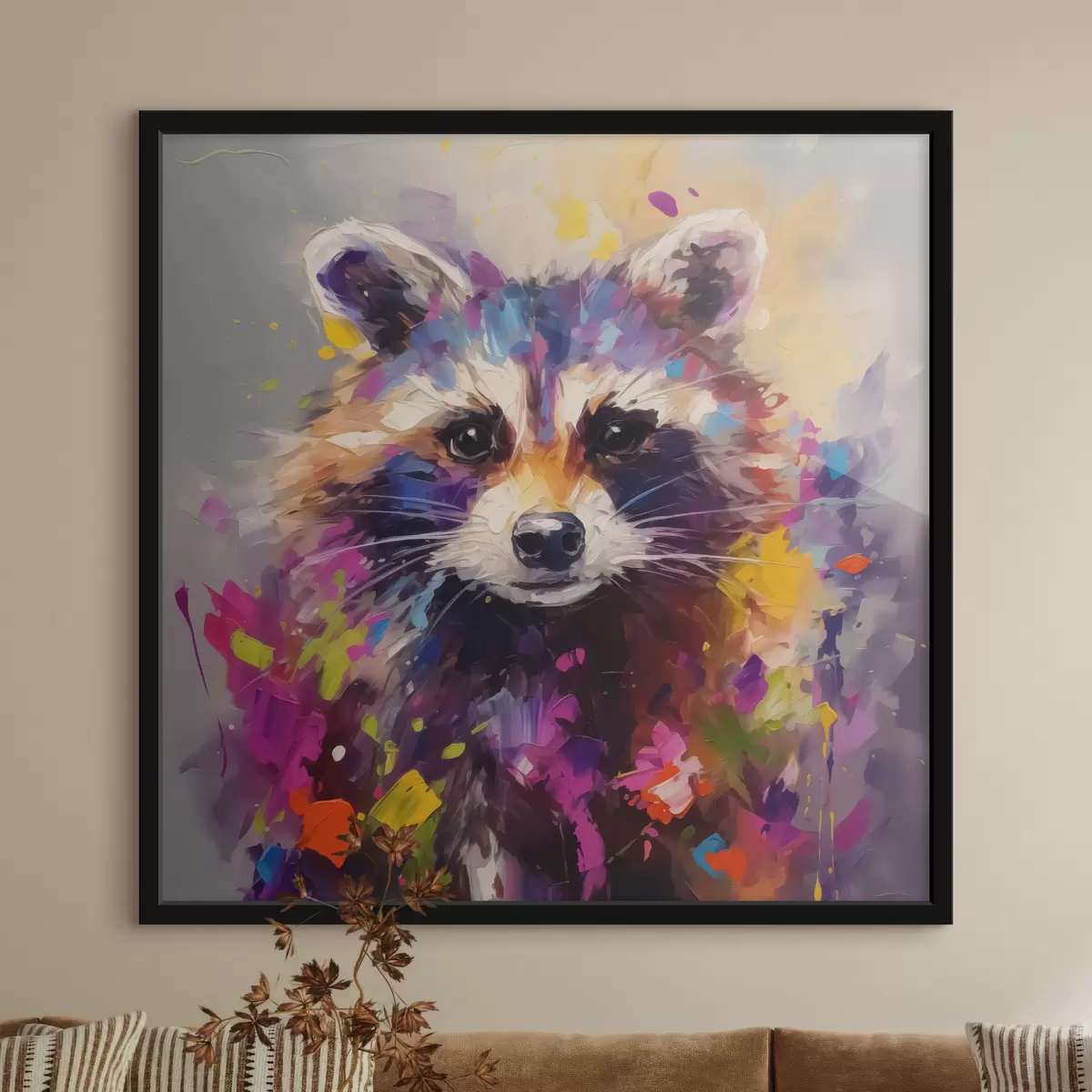 Poster Abstract portret van een wasbeer in heldere kleuren f40691