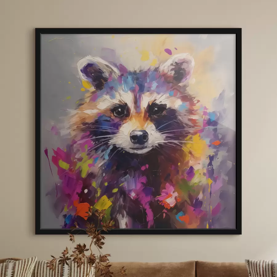 Fotobehang Abstract portret van een wasbeer in heldere kleuren f40691