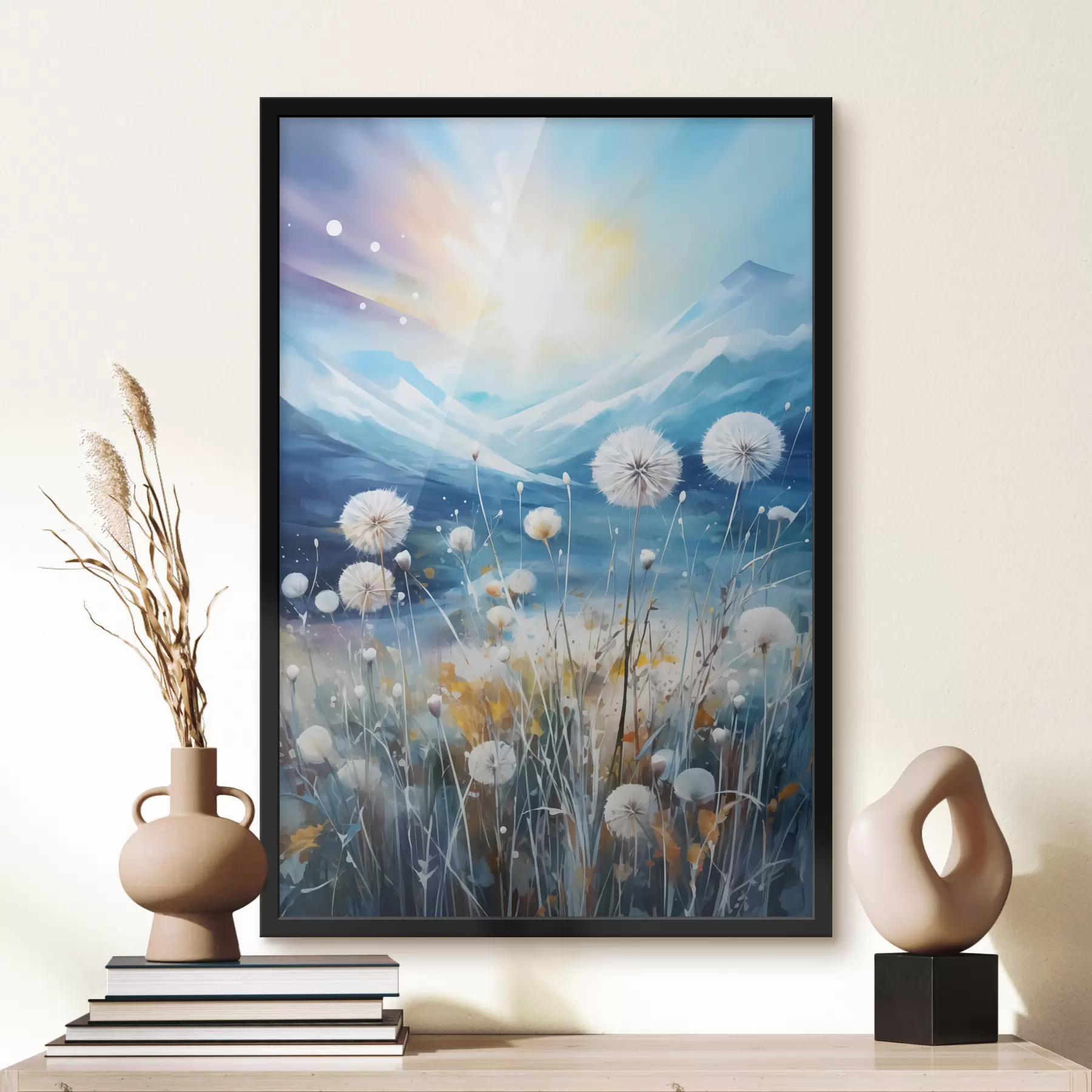 Fotobehang Witte paardenbloemen tegen de achtergrond van blauwe bergen f40720