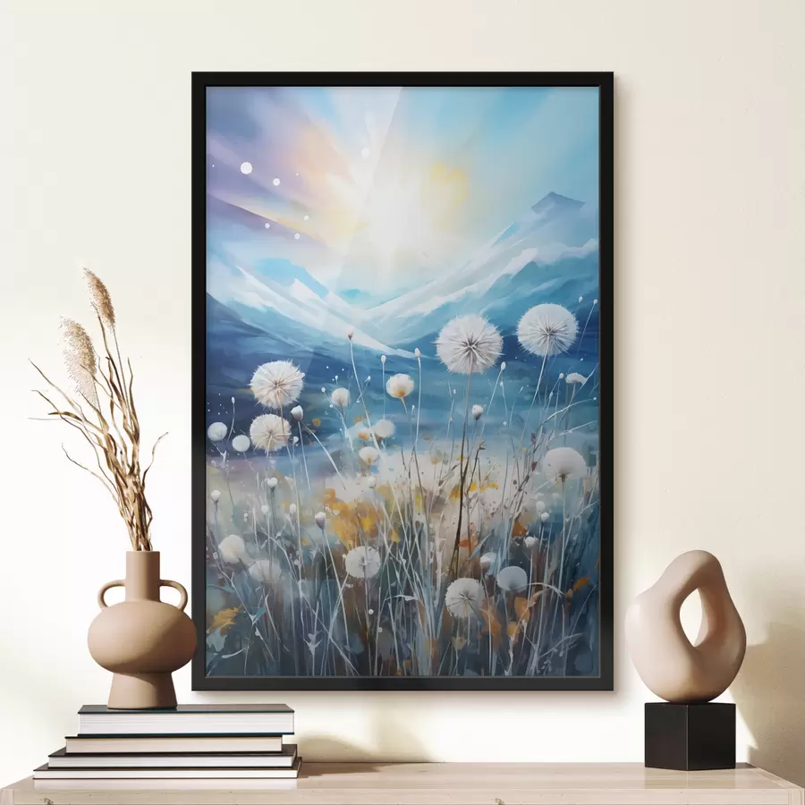 Fotobehang Witte paardenbloemen tegen de achtergrond van blauwe bergen f40720