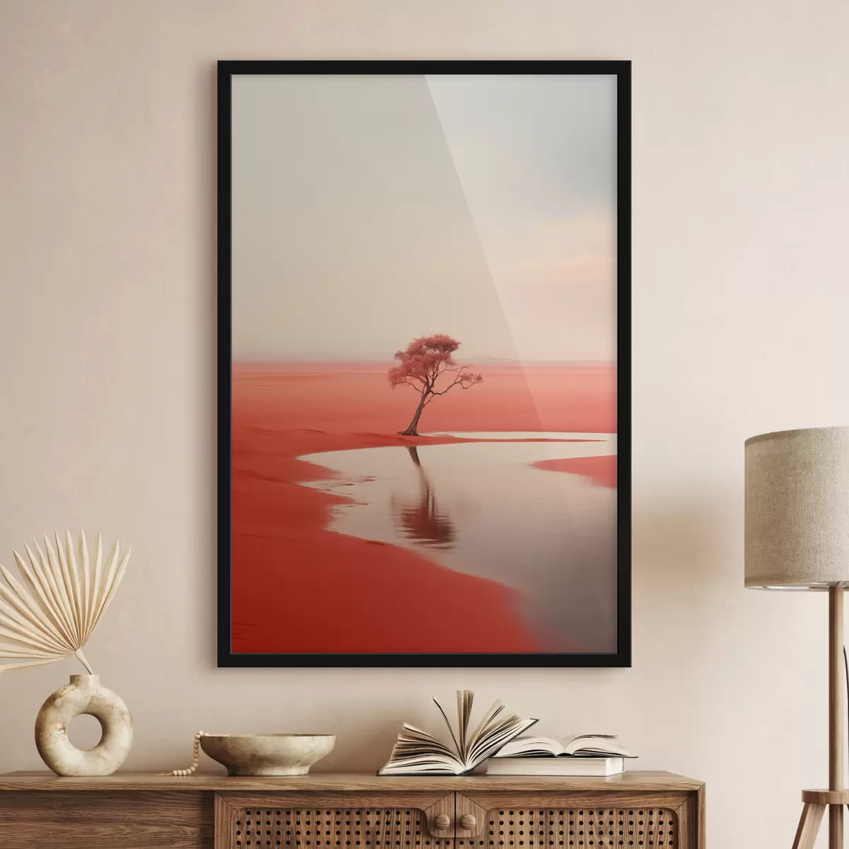 Affiche Paysage minimaliste arbre au bord de la rivière, couleur rouge, gris f40722