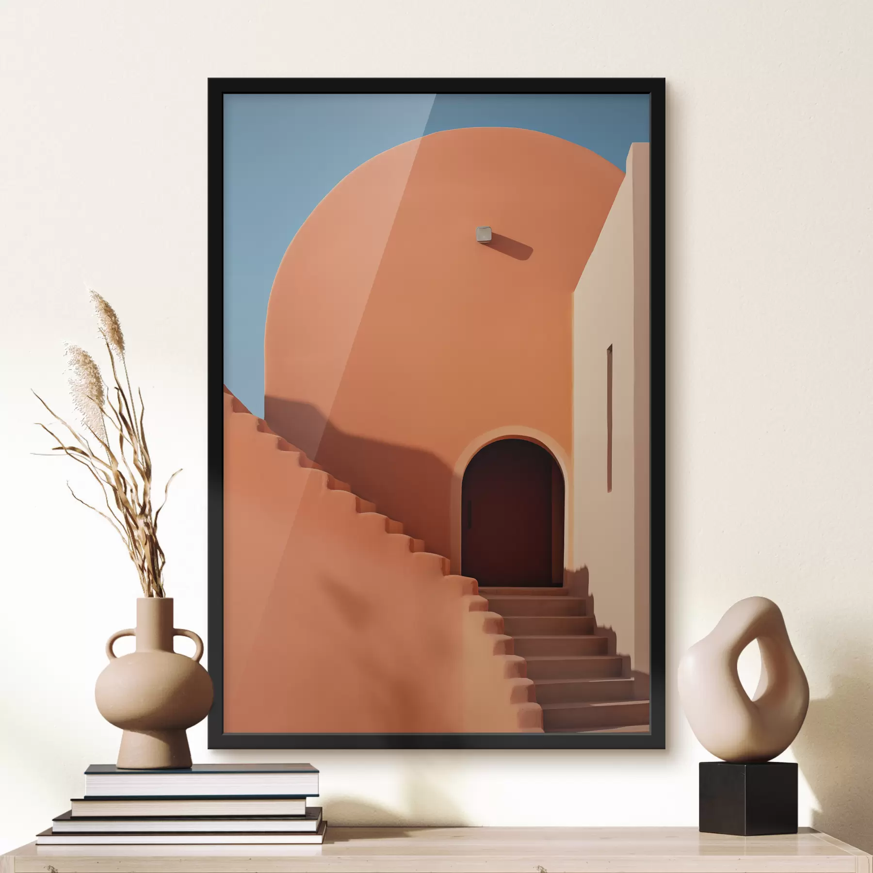  Schilderijen Minimalistisch architecturaal gebouw met stappen, blauwe, oranje kleur f40724