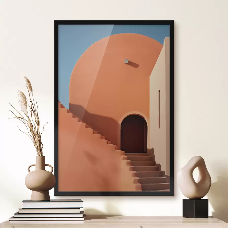 Fotobehang Minimalistisch architecturaal gebouw met stappen, blauwe, oranje kleur f40724