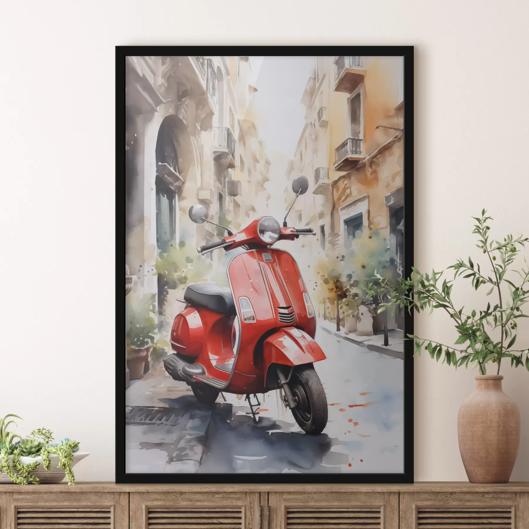  Schilderijen Rode motorfiets op straat in Rome aquarel f40728