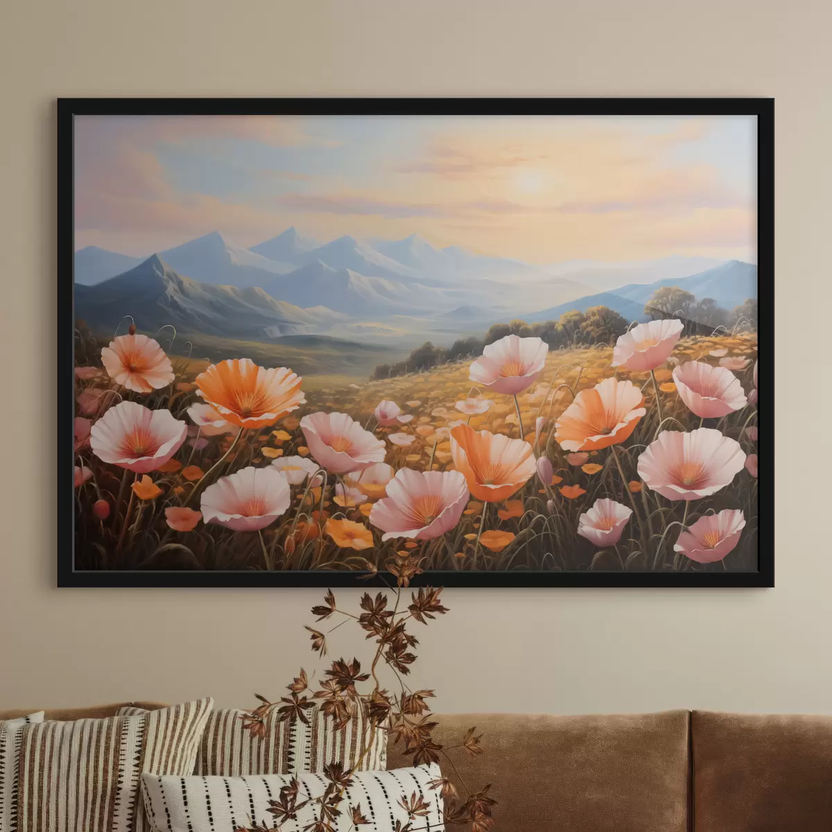 Poster Klaprozenveld bij zonsopgang met bergen op de achtergrond f40730