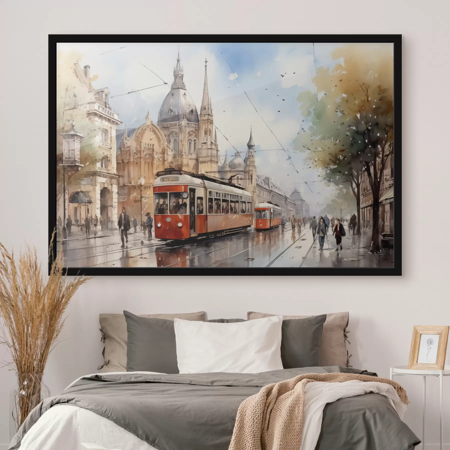 Fotobehang Rode tram in de straat van Wenen aquarel f40732