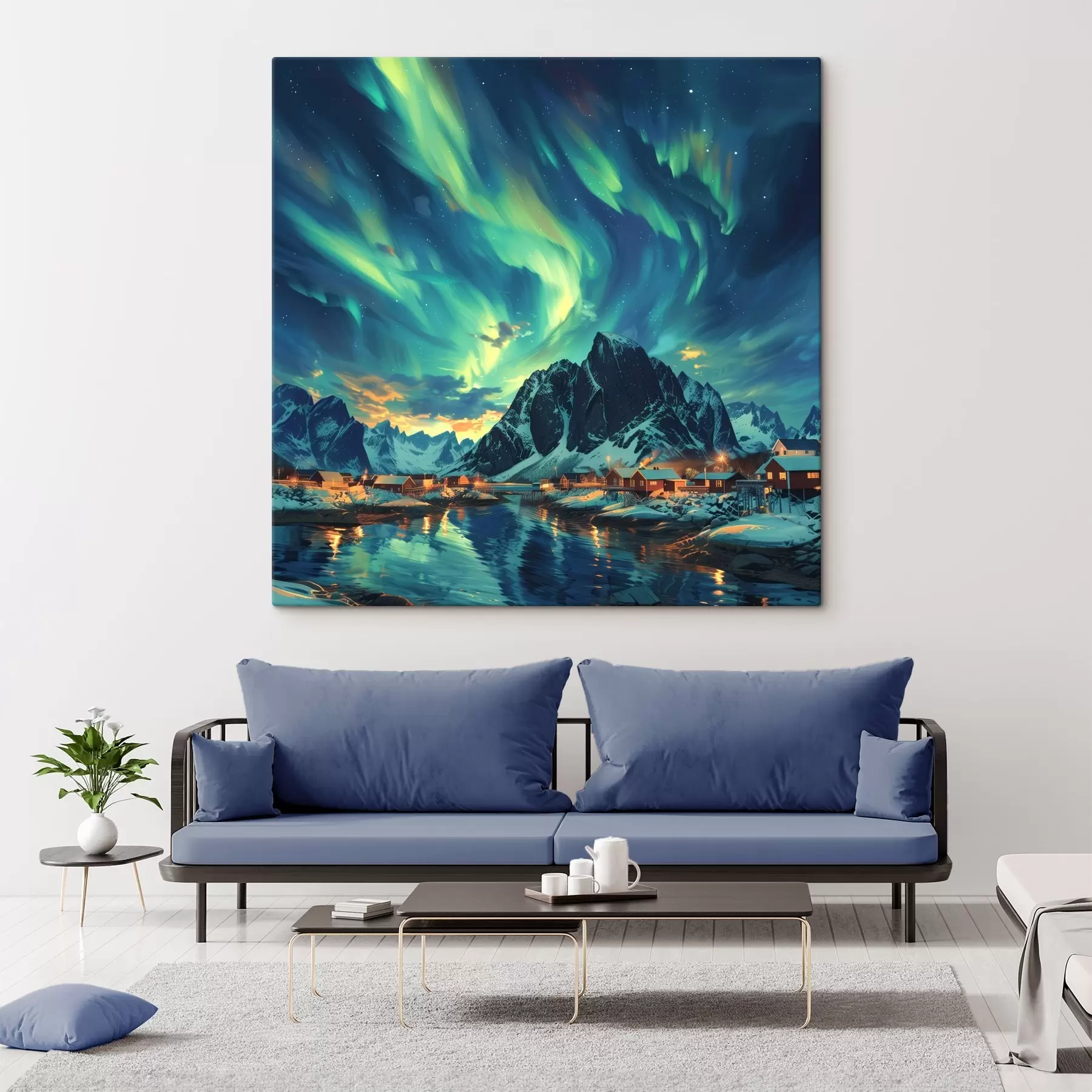 Papier peint photo Îles Lofoten, lumières nordiques, village d'hiver s40299