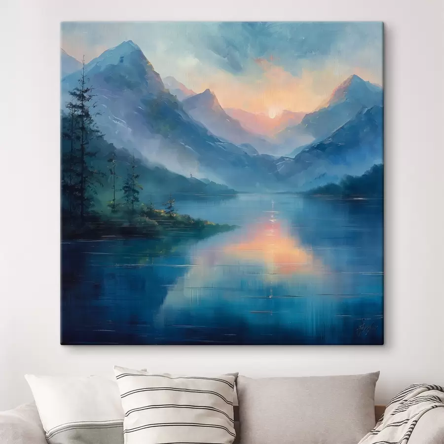  Peintures Coucher de soleil dans les montagnes, brouillard, rivière, forеst, peinture à l'huile s40302