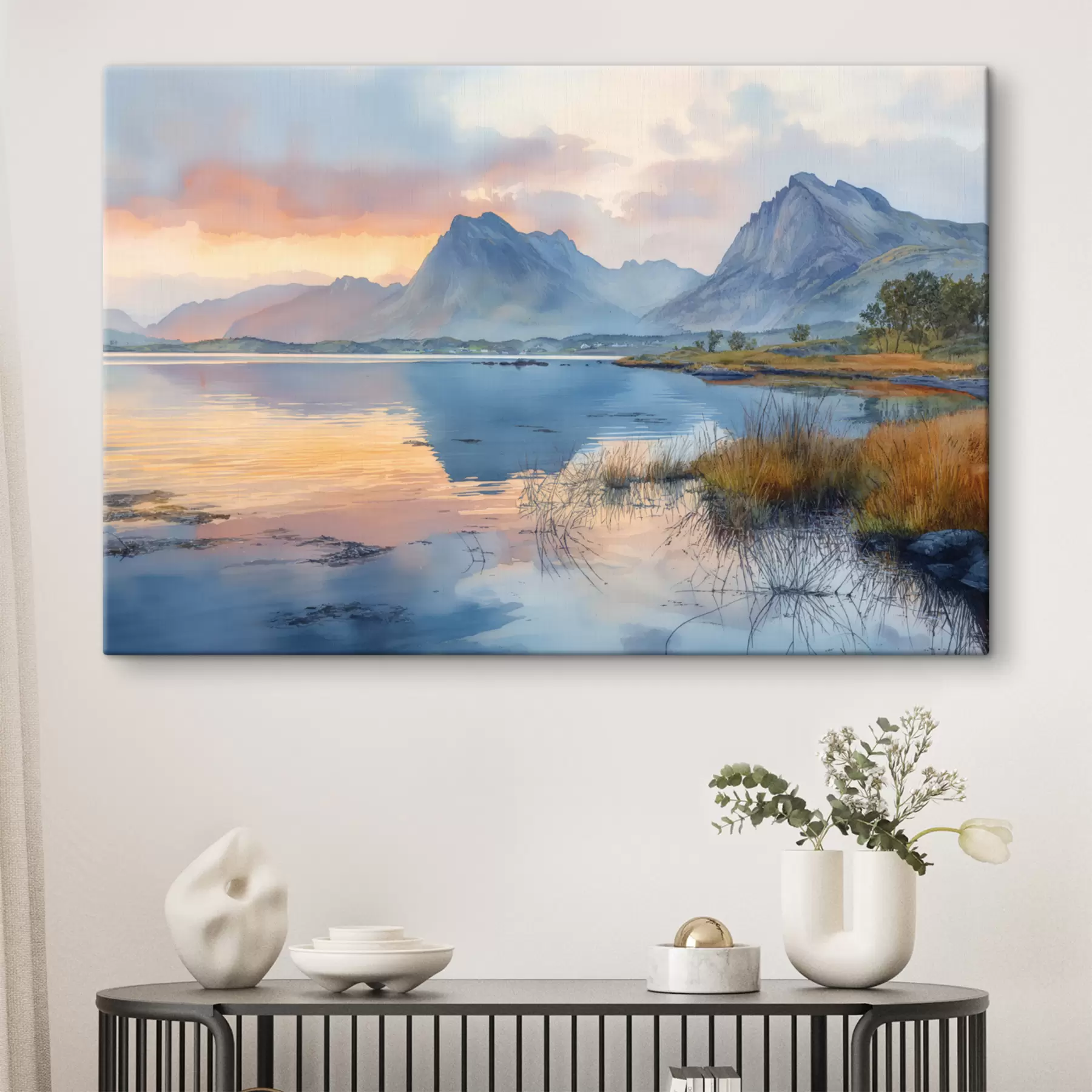 Papier peint photo Rivière calme avec montagnes, lever de soleil, couleurs douces s40307