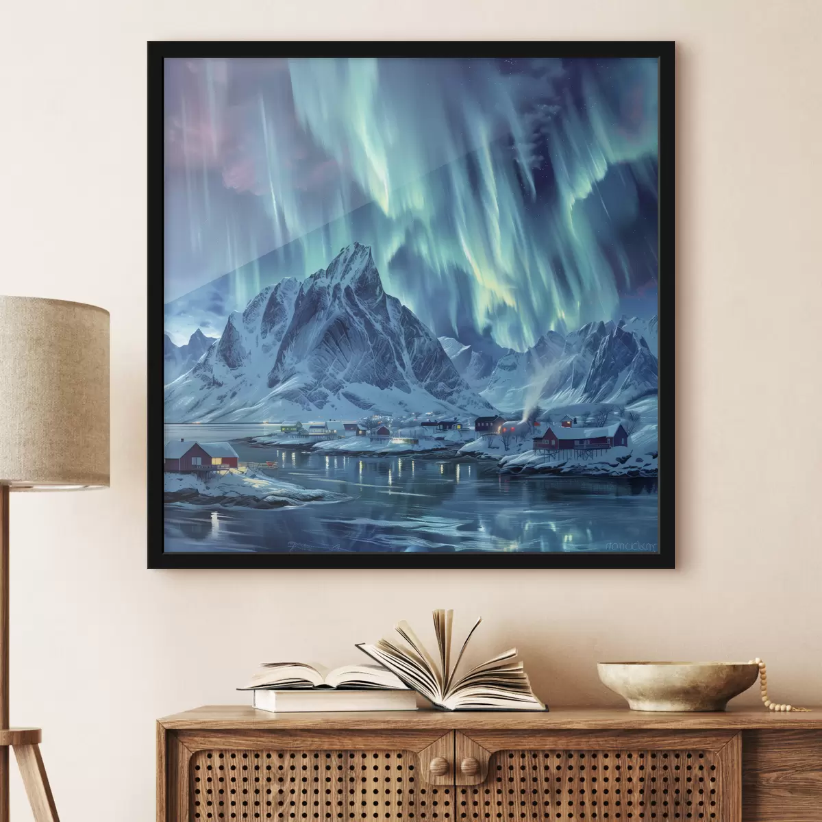 Poster Magisch noorderlicht, winterdorp in Noorwegen f40301