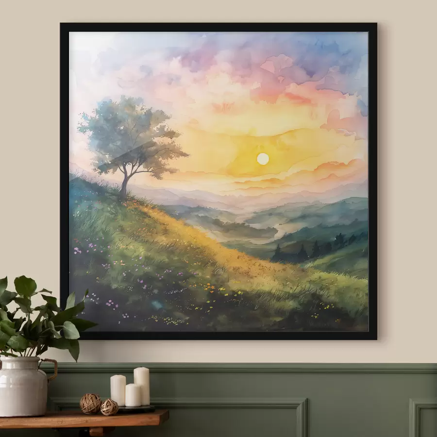 Fotobehang Weide met heuvels en boom, bloemen, aquarel f40303