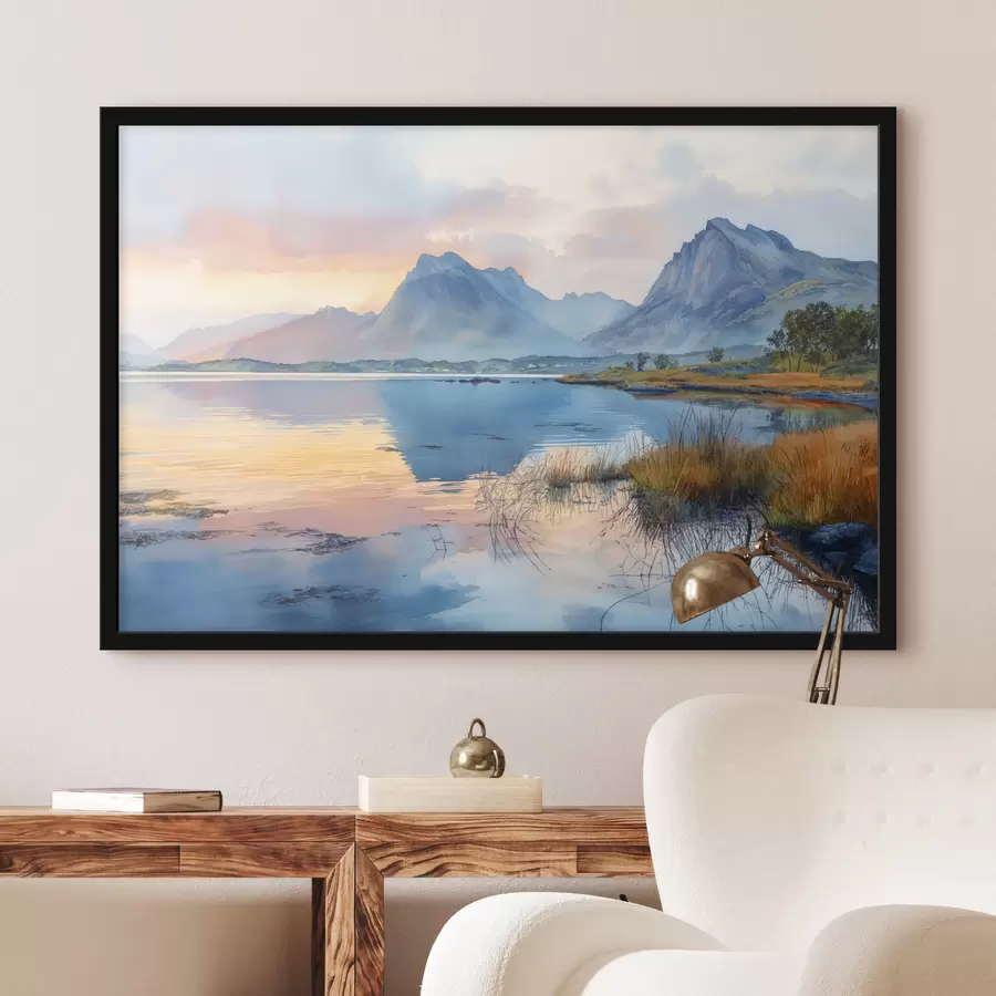  Peintures Rivière calme avec montagnes, lever de soleil, couleurs douces f40307