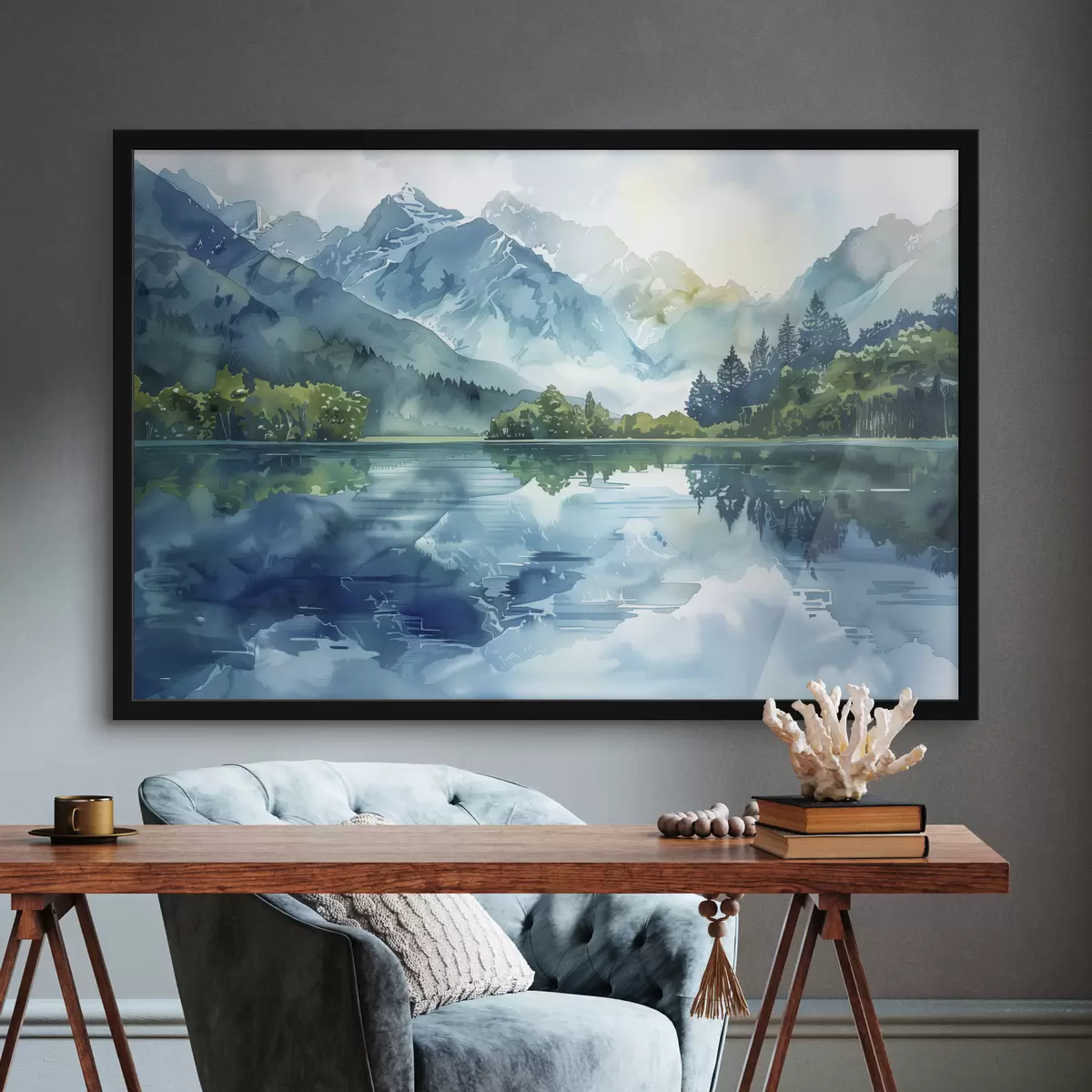 Poster Aquarel bergen landschap, rivier, groene en blauwe kleuren f40310