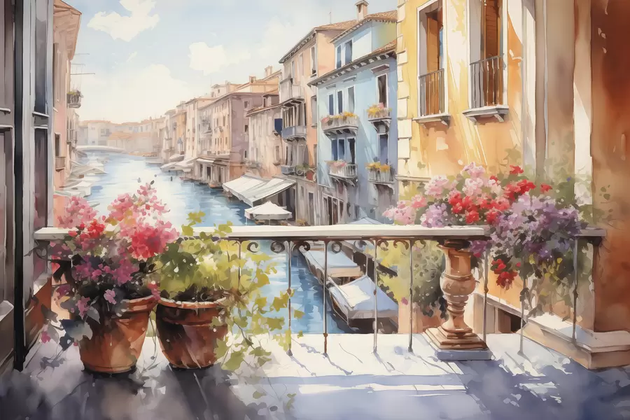 Fotobehang Bloemen in potten op een balkon in Venetië aquarel w01052