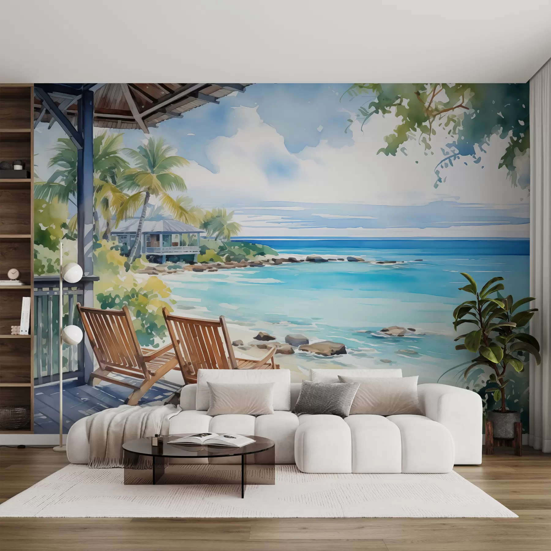 Fotobehang Stoelen op het terras van een villa aan zee aquarel w01055