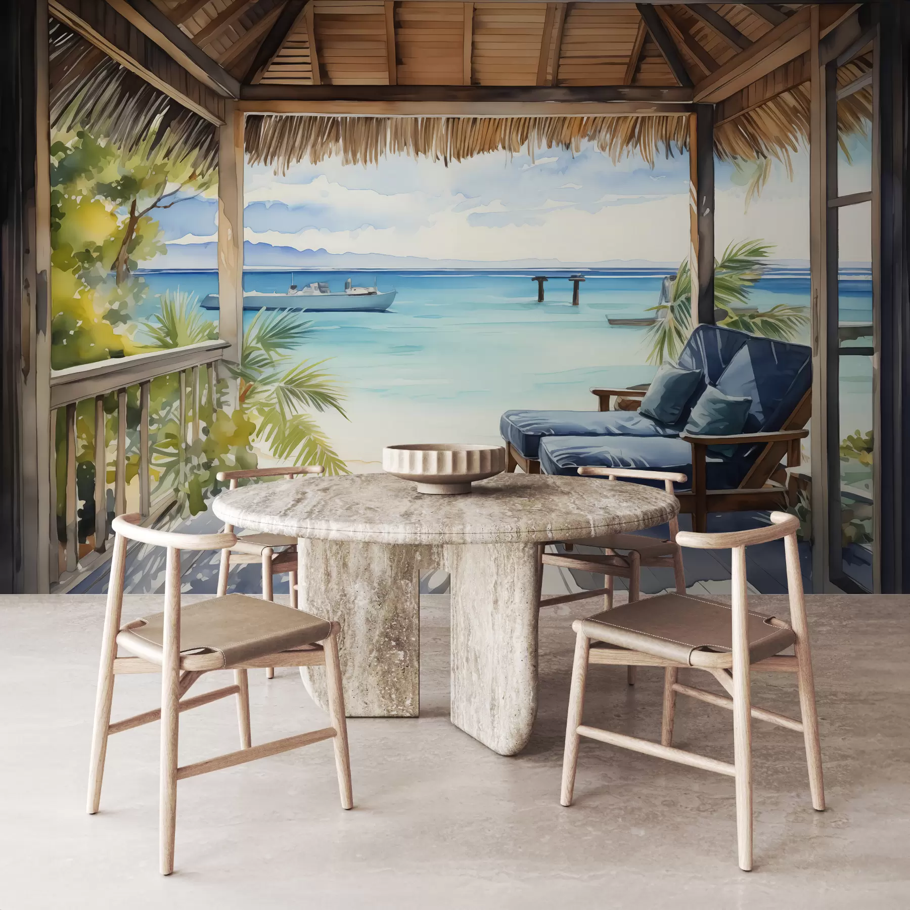 Fotobehang Blauwe ligstoelen op het terras om te ontspannen bij de zee aquarel w01056
