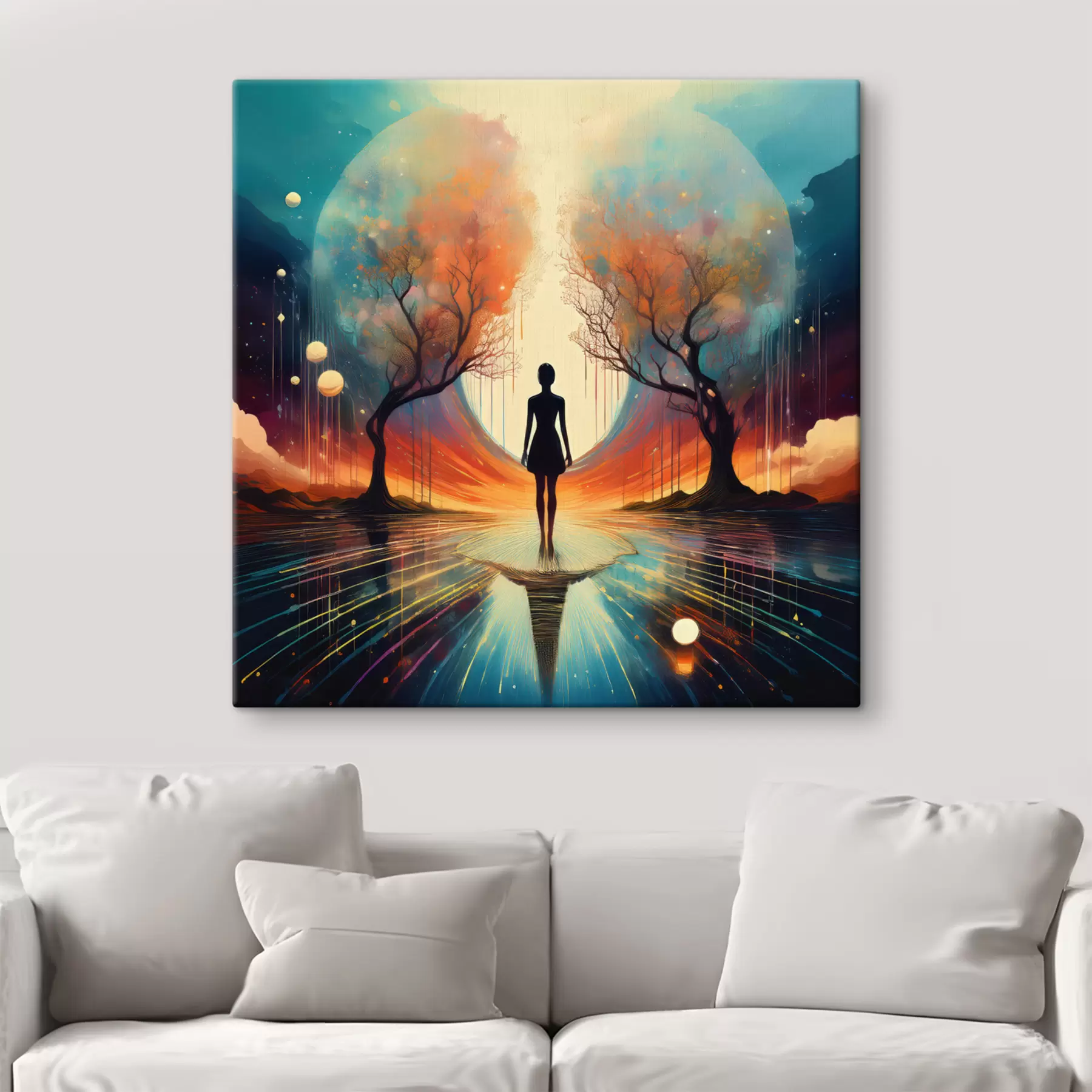 Fotobehang silhouet tussen bomen, zelfkennis, zelfreflectie s40713