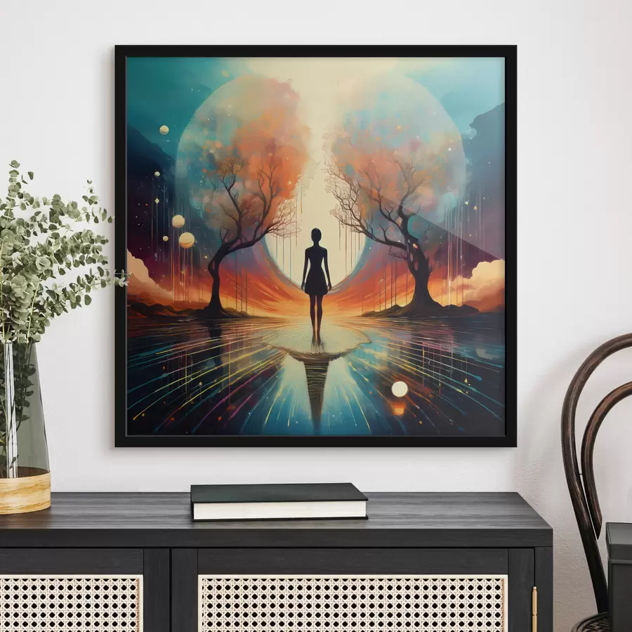 Fotobehang silhouet tussen bomen, zelfkennis, zelfreflectie f40713