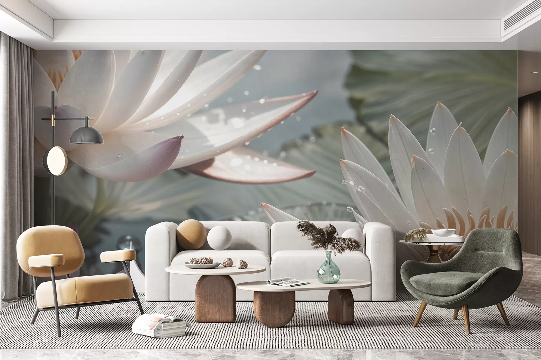 Fotobehang Een close-up van witte lotusbloemen met waterdruppels op hun bloemblaadjes tegen een wazige groene achtergrond w08252