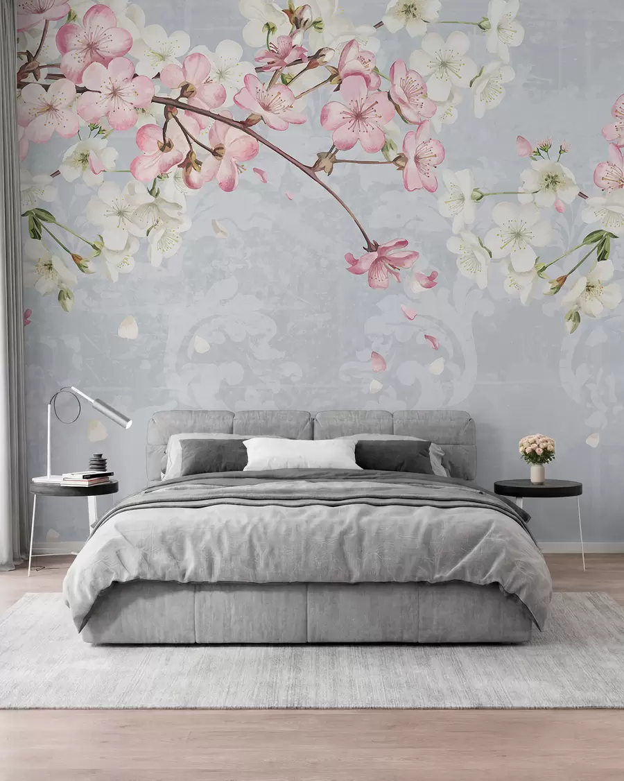 Papier peint photo Fleurs de cerisier roses et blanches en pleine floraison, avec des pétales doux tombant sur un fond bleu texturé w08254