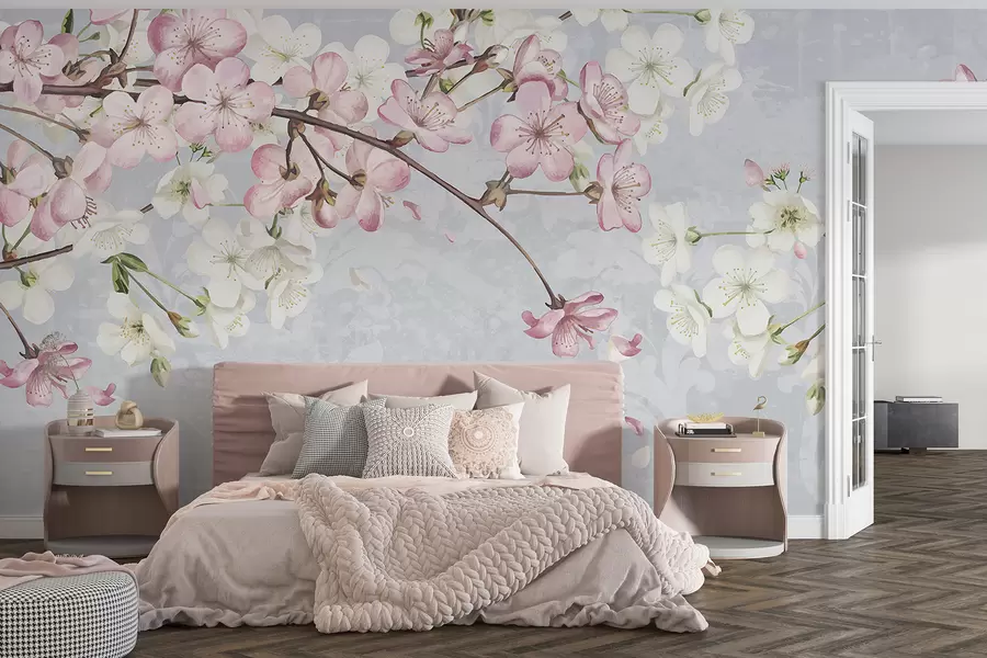 Papier peint photo Fleurs de cerisier roses et blanches en pleine floraison, avec des pétales doux tombant sur un fond bleu texturé w08254