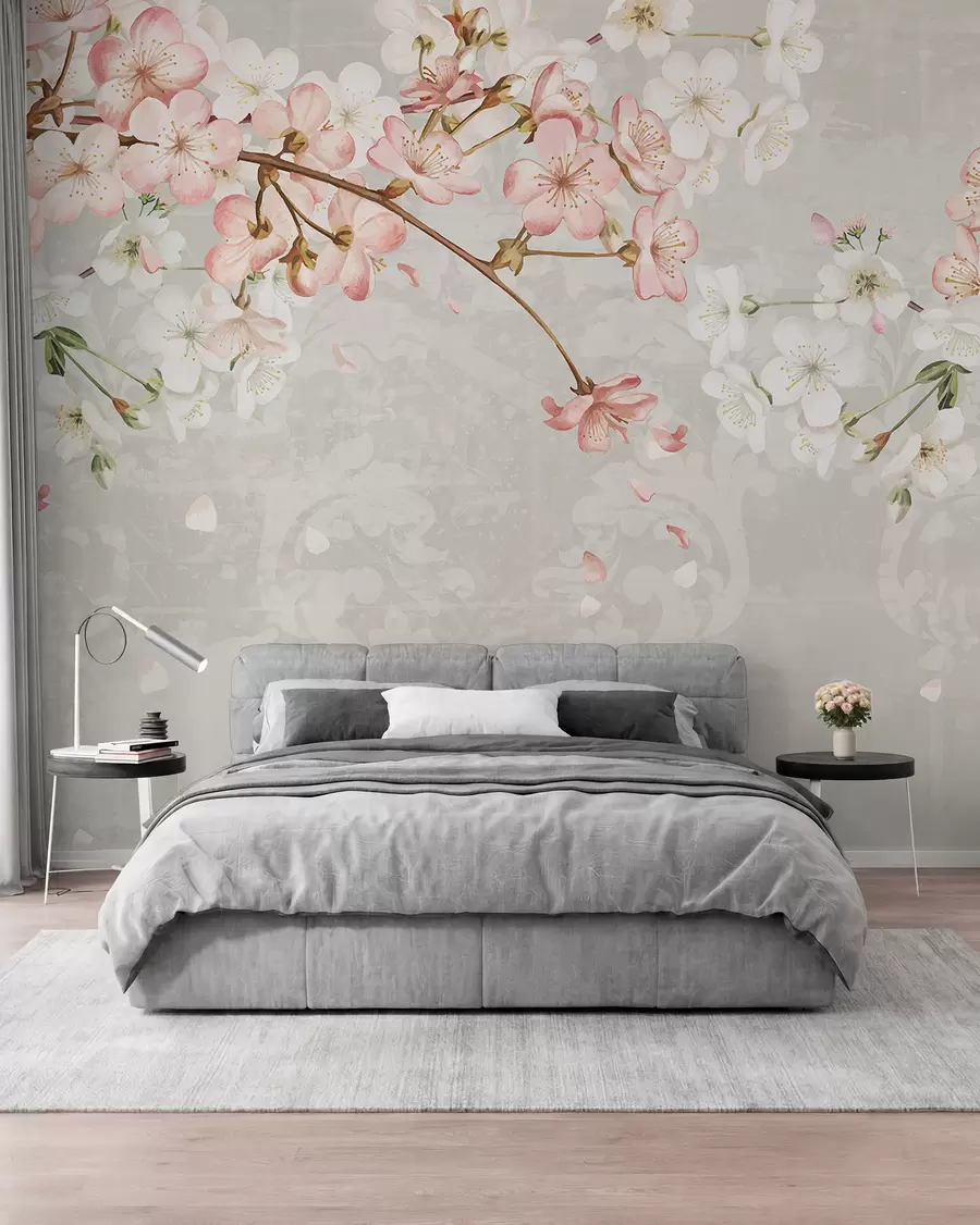 Papier peint photo Fleurs de cerisier roses et blanches en pleine floraison, avec des pétales doux tombant sur un fond beige texturé w08254v1