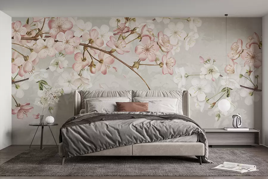 Papier peint photo Fleurs de cerisier roses et blanches en pleine floraison, avec des pétales doux tombant sur un fond beige texturé w08254v1