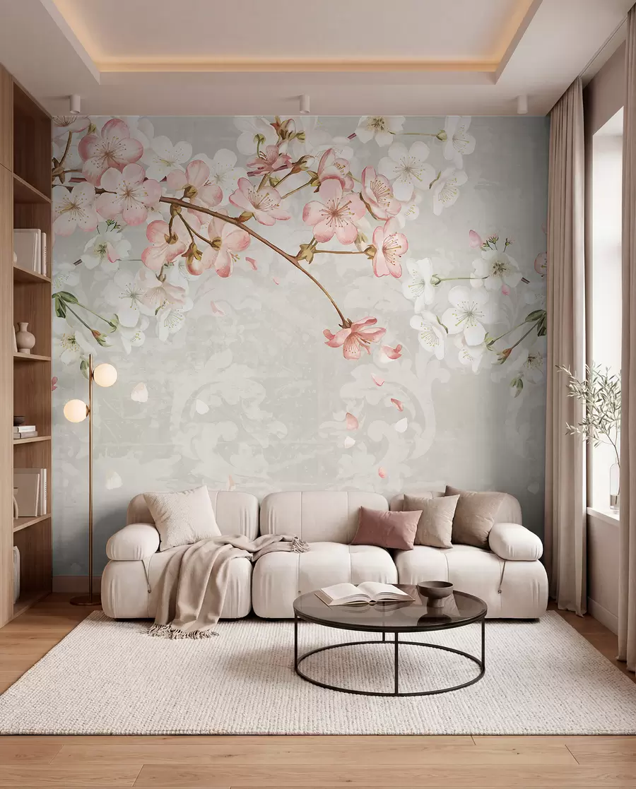 Papier peint photo Fleurs de cerisier roses et blanches en pleine floraison, avec des pétales doux tombant sur un fond beige texturé w08254v1