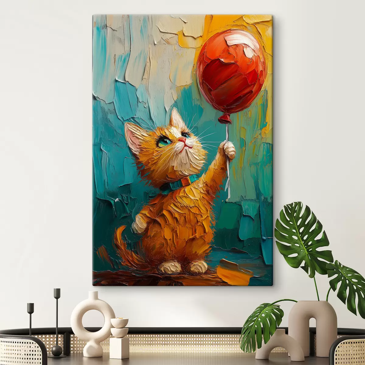  Peintures Chat rouge tenant un ballon dans ses mains, imitation d'une peinture à l'huile s40649
