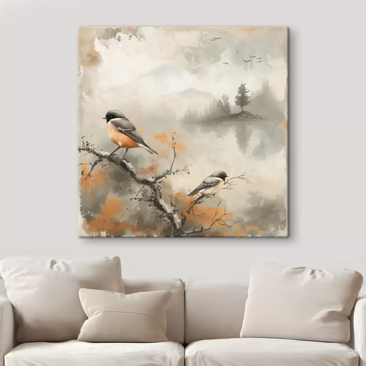  Peintures Paysage aquarelle avec des oiseaux assis sur une branche dans des couleurs pastel s40655