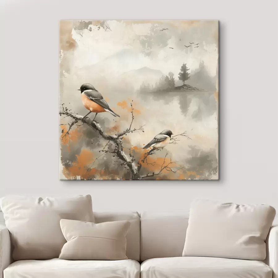  Peintures Paysage aquarelle avec des oiseaux assis sur une branche dans des couleurs pastel s40655