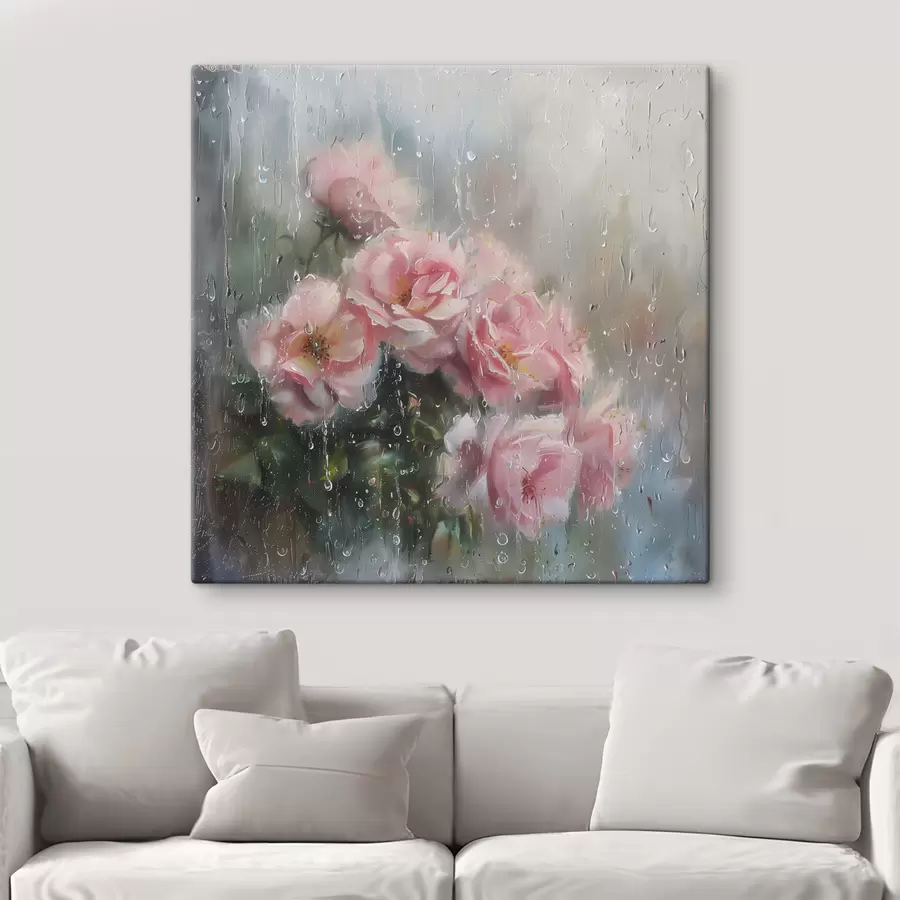  Peintures Un bouquet de roses roses à l'extérieur de la fenêtre par temps pluvieux s40656