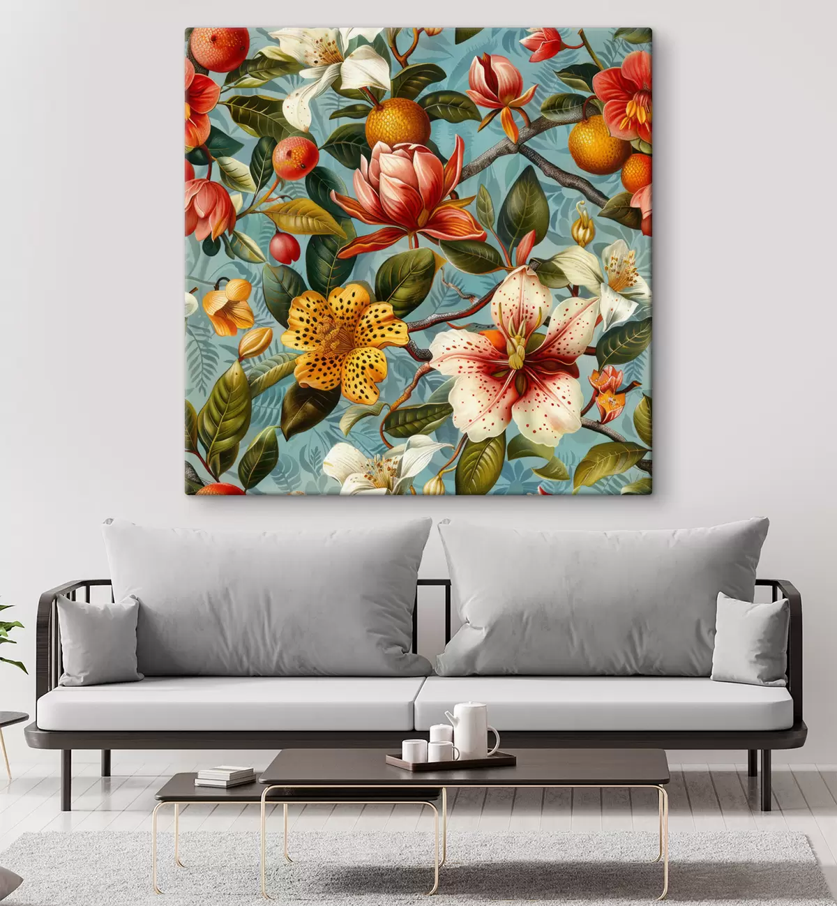  Peintures Composition tropicale avec de la verdure et des fleurs tropicales sur fond bleu s40665